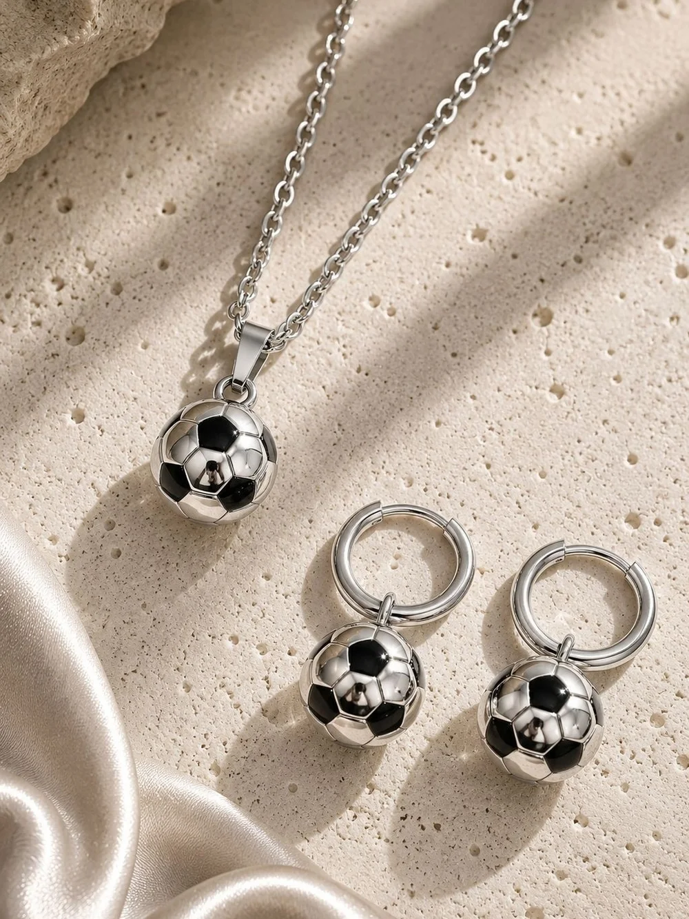 Silver Soccer Ball Necklace and Hoop Earring Set